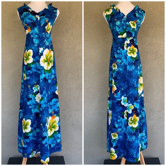 🌺 Hawaiian Vintage Barkcloth Maxi-Dress Muumuu 🌺 - Picture 2 of 8